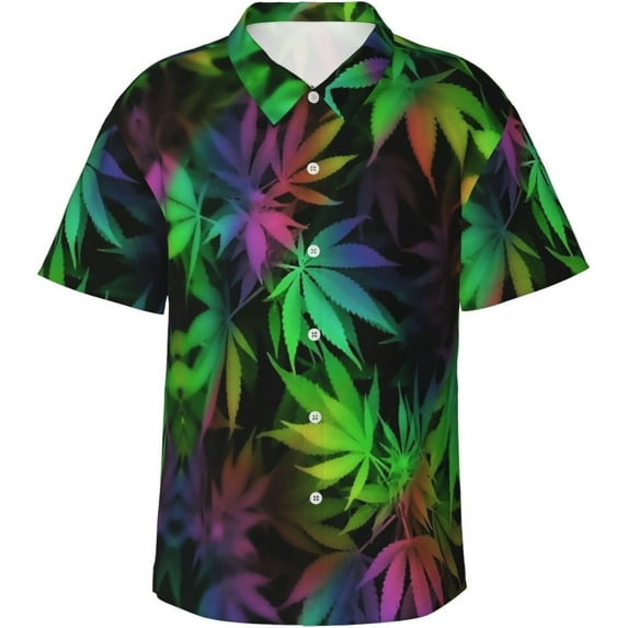 Rainbow Weed Leaves Mens Hawaiian Shirt Short Sleeve Casual Button Up Tropical Summer Beach Shirt