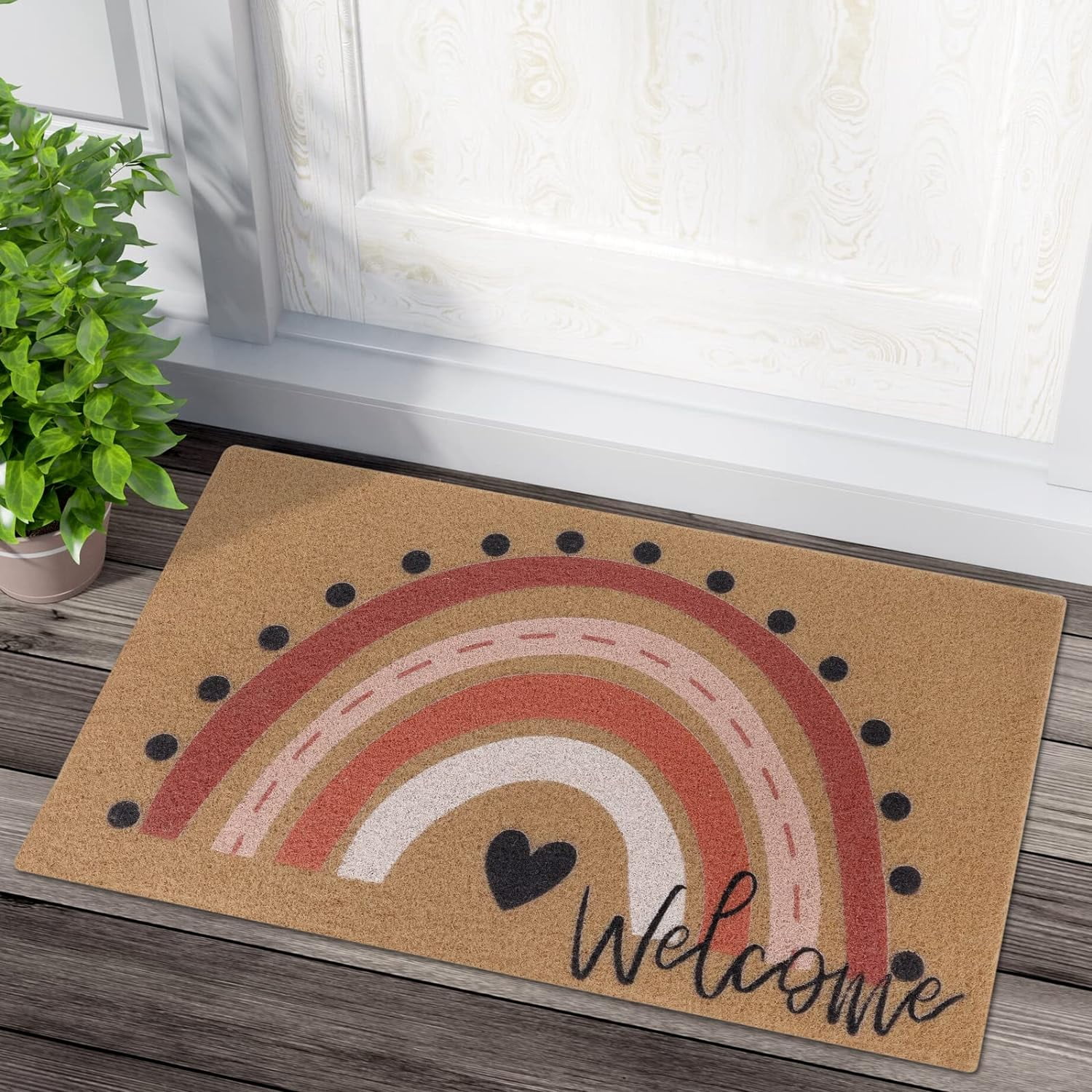 Rainbow Welcome Doormat Boho Rainbow Indoor Outdoor Entryway Non-Slip Backing Rug Neutral Rainbow Housewarming Wedding Gifts 17X29 Inches