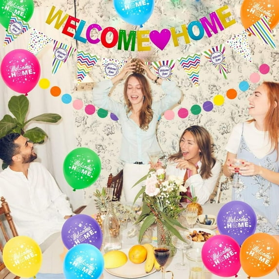 Rainbow Welcome Home Decorations, Rose Red, Yellow, Orange, Green, Blue, Purple Balloons, Pennant Flag Bunting, Polka Dots Banner for Home Family Baby Showers Ramadan Party