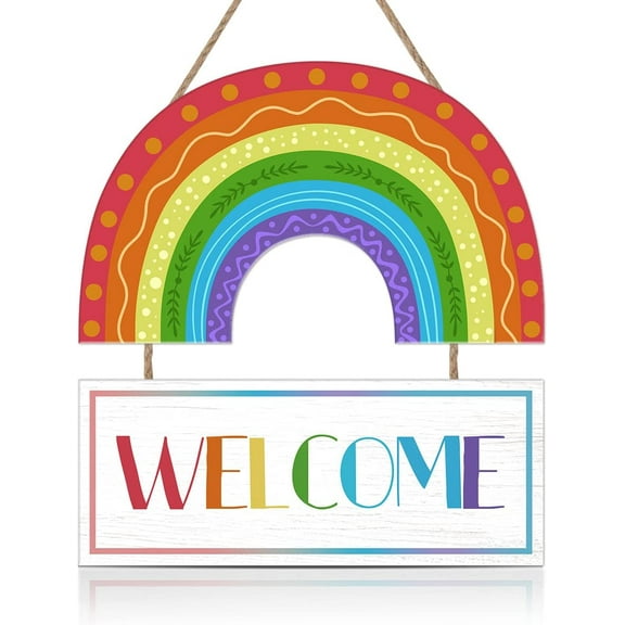 Rainbow Welcome Wood Sign,Colorful Welcome Wood Sign Plaque,Rainbow Welcome Wall Hanging Sign, Multicolour Rainbow Wood Sign for Kids Room,Playroom, Classroom,School,Yard Decor,7”x12”+4.7”X12”