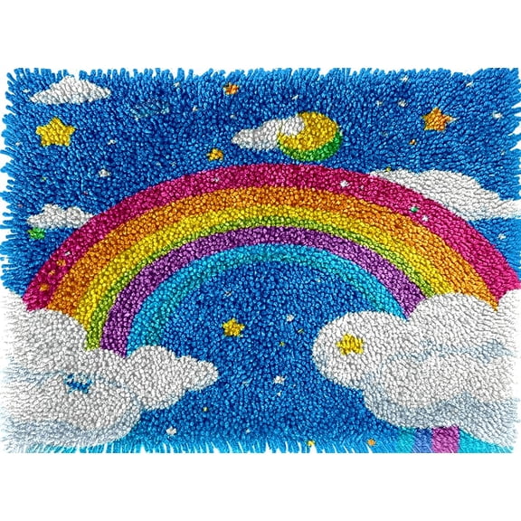 Rainbow and White Cloud Colorful Latch Hook Rug kits Pre-printed Crochet Yarn DIY Hooking Latch Kit Carpet Rug Cover Mat for Christmas Chair Cushion Floor Decoration 60x40cm(4)