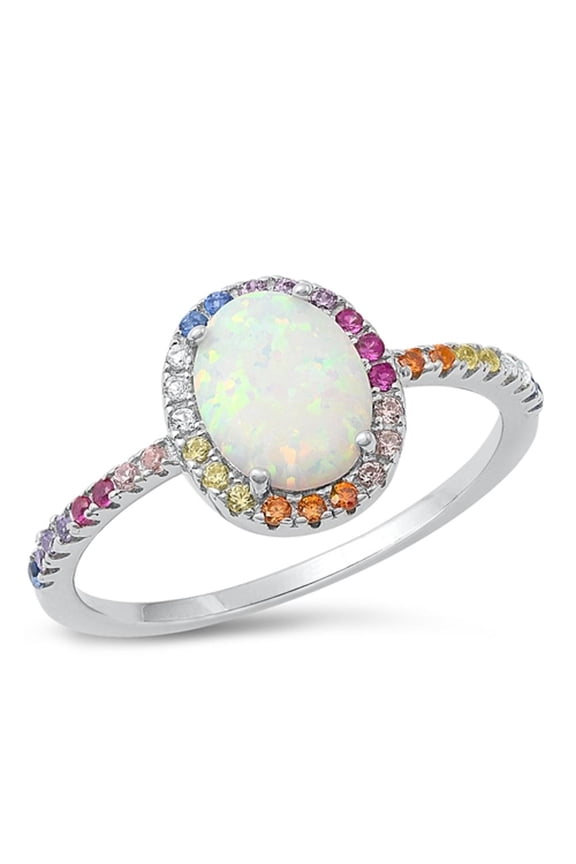 Rainbow White Simulated Opal Ring .925 Sterling Silver Band Cubic Zirconia Jewelry Female Size 4