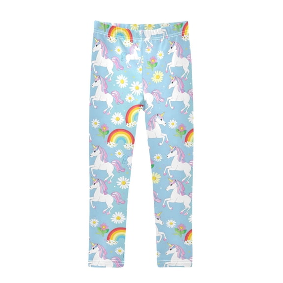 Rainbow White Unicorn Flower Printed Leggings Yoga Pants for in 4t to 10t
