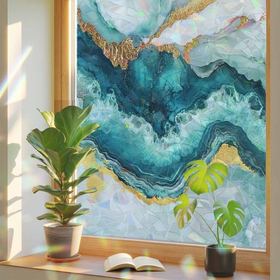 Rainbow Window Privacy Film, Abstract Marble Static Cling Window Film PVC, Turquoise Abstract Golden Foil Texture No Glue UV Blocking Glass Covering, Removable Stained Glass Sticker 23.6''x59''