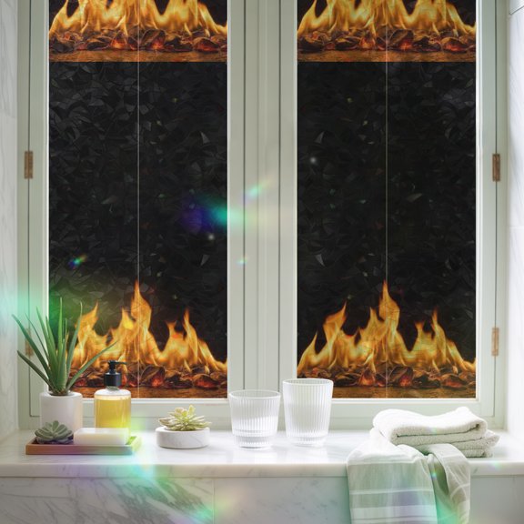 Rainbow Window Privacy Film, Abstract Orange Flame on Black Static Cling Glass Sticker, Flickering Fire Pattern Reusable Decorative Window Film for Home Bathroom Bedroom Office 17.7x39.3in