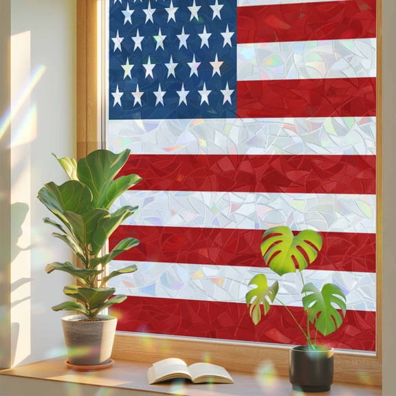 Rainbow Window Privacy Film, American Flag Static Cling Decorative Window Film PVC, Blue Red USA Flag No Glue UV Blocking Glass Covering, Removable Stained Glass Sticker 35.4''x78.7''