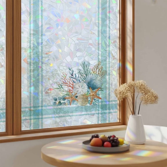 Rainbow Window Privacy Film Aqua Coastal Stain Glass Window Film for Glass Door Sticker Static Cling Heat Blocking Nautical Seashells Coral Leaves Stripes Sunroof Decal for Car Home Decor 29.5"x118"