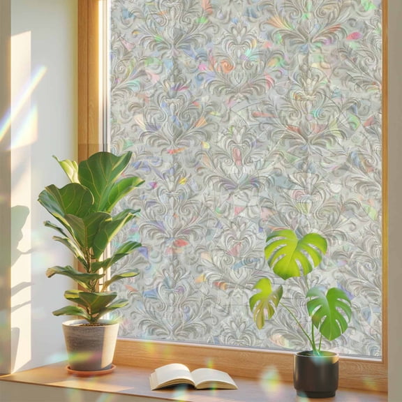 Rainbow Window Privacy Film, Beige Baroque Static Cling Window Film PVC, Farmhouse Scroll Floral Pattern Art No Glue UV Blocking Glass Covering, Removable Stained Glass Sticker 17.7''x39.3''