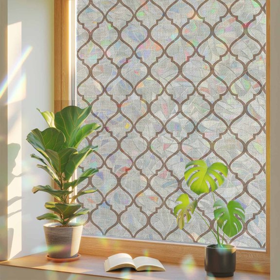 Rainbow Window Privacy Film, Beige Morocco Pattern Static Cling Window Film PVC, Modern Moroccan Geometric Abstract Art No Glue UV Blocking Glass Cover, Removable Stained Glass Sticker 17.7''x39.3''