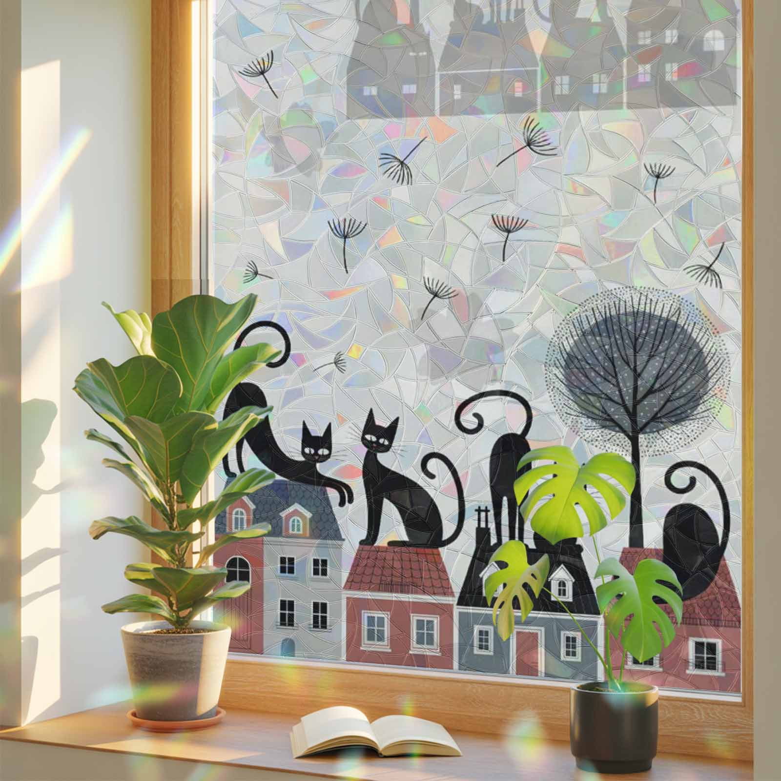 Rainbow Window Privacy Film, Black Cat Static Cling Decorative Window Film PVC, Cartoon Modern Art No Glue UV Blocking Glass Covering, Removable Stained Glass Sticker 23.6''x59''