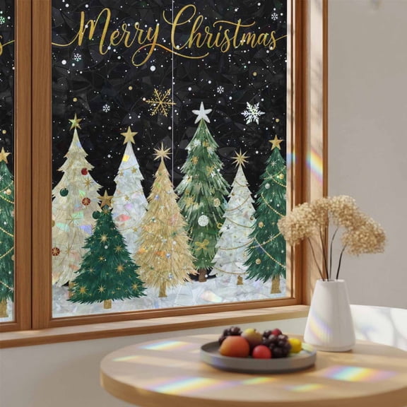 Rainbow Window Privacy Film Black Christmas Stain Glass Window Film for Glass Door Sticker Static Cling Heat Blocking Xmas Snowflake Pine Trees Winter Farmhouse Sunroof Decal for Car 17.7"x39.3"