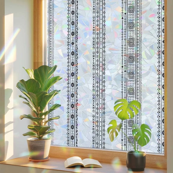 Rainbow Window Privacy Film, Black Geometric Static Cling Window Film PVC, Boho Lines White Modern Abstract Art No Glue UV Blocking Glass Covering, Removable Stained Glass Sticker 17.7''x39.3''