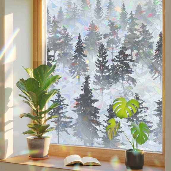 Rainbow Window Privacy Film, Black Grey Forest Static Cling Window Film PVC, Contemporary Silhouette Abstract Art No Glue UV Blocking Glass Covering, Removable Stained Glass Sticker 23.6''x59''