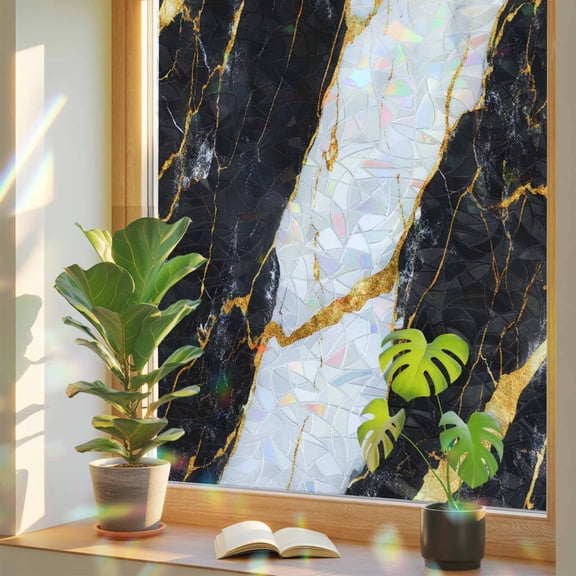 Rainbow Window Privacy Film, Black Marble Static Cling Window Film PVC, Luxury Gold White Abstract Cracks Artwork No Glue UV Blocking Glass Covering, Removable Stained Glass Sticker 17.7''x78.7''