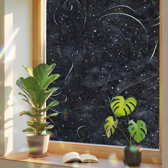Rainbow Window Privacy Film, Black Static Cling Window Film PVC, Modern Abstract Dot Starry Night No Glue UV Blocking Glass Covering, Removable Stained Glass Sticker 17.7''x39.3''