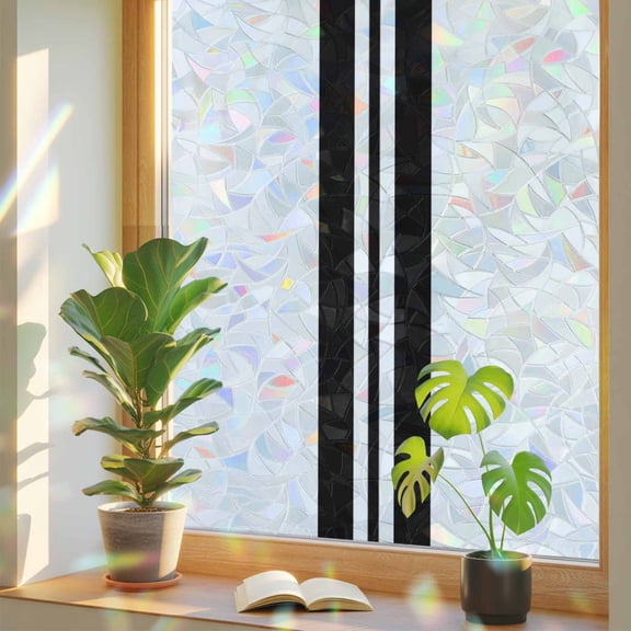 Rainbow Window Privacy Film, Black Stripe Static Cling Window Film PVC, Abstract Modern Art Vertical Striped No Glue UV Blocking Glass Covering, Removable Stained Glass Sticker 29.5''x118''