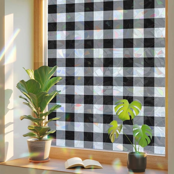 Rainbow Window Privacy Film, Black and White Checkered Static Cling Window Film PVC, Farmhouse Buffalo Plaid No Glue UV Blocking Glass Covering, Removable Stained Glass Sticker 17.7''x39.3''