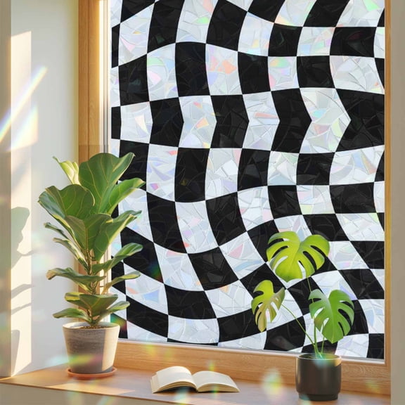 Rainbow Window Privacy Film, Black and White Checkered Static Cling Window Film PVC, Modern Irregular Geometric No Glue UV Blocking Glass Covering, Removable Stained Glass Sticker 17.7''x39.3''