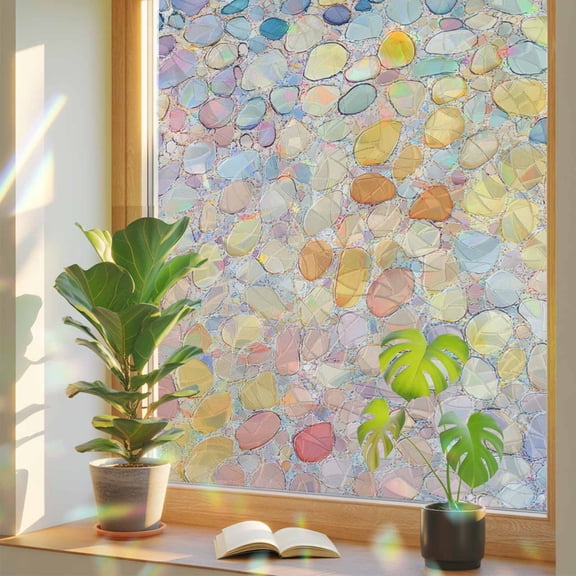 Rainbow Window Privacy Film, Blue Abstract Static Cling Window Film PVC, Orange Yellow Gradient Stone Brushwork No Glue UV Blocking Glass Covering, Removable Stained Glass Sticker 17.7''x39.3''