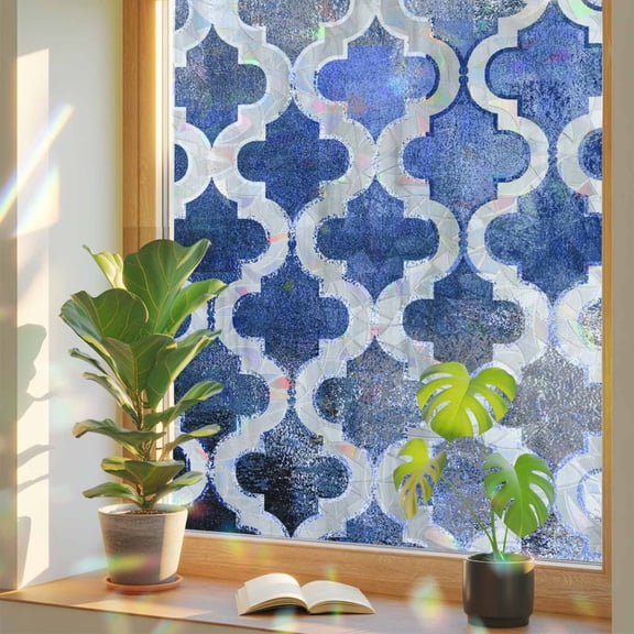 Rainbow Window Privacy Film, Blue Morocco Static Cling Window Film PVC, Vintage Graffiti Paint Art Boho Dappled No Glue UV Blocking Glass Covering, Removable Stained Glass Sticker 17.7''x39.3''