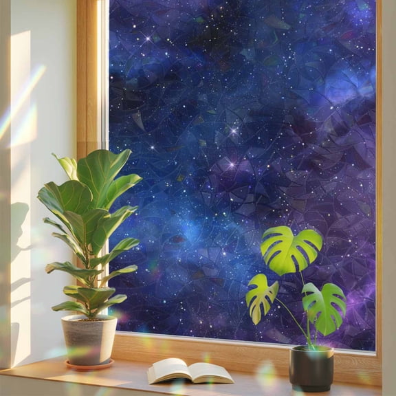 Rainbow Window Privacy Film, Blue Purple Sky Static Cling Window Film PVC, Modern Black Star Night Nature Scenery No Glue UV Blocking Glass Covering, Removable Stained Glass Sticker 17.7''x39.3''