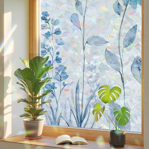 Rainbow Window Privacy Film, Blue Spring Floral Static Cling Window Film PVC, Summer Flowers Botanical Elegant No Glue UV Blocking Glass Covering, Removable Stained Glass Sticker 17.7''x39.3''