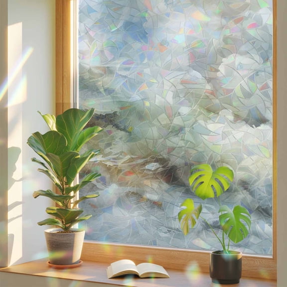 Rainbow Window Privacy Film, Blue White Ombre Static Cling Window Film PVC, Watercolor Cloud Geometric Abstract Art No Glue UV Blocking Glass Covering, Removable Stained Glass Sticker 35.4''x78.7''