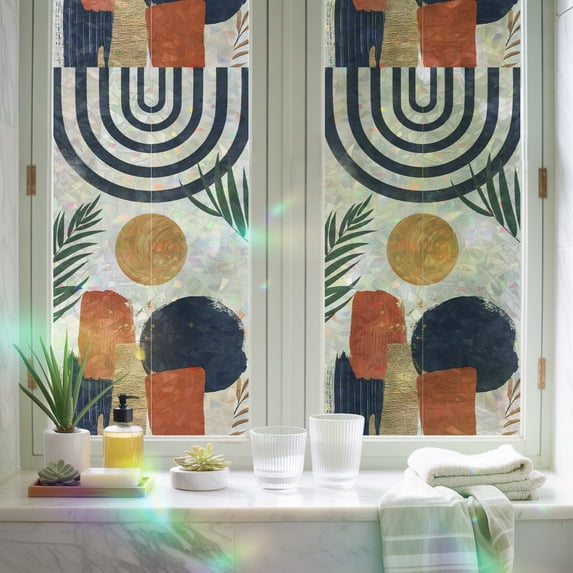 Rainbow Window Privacy Film, Bohemian Arch Stripe Tropical Palm Leaf ...