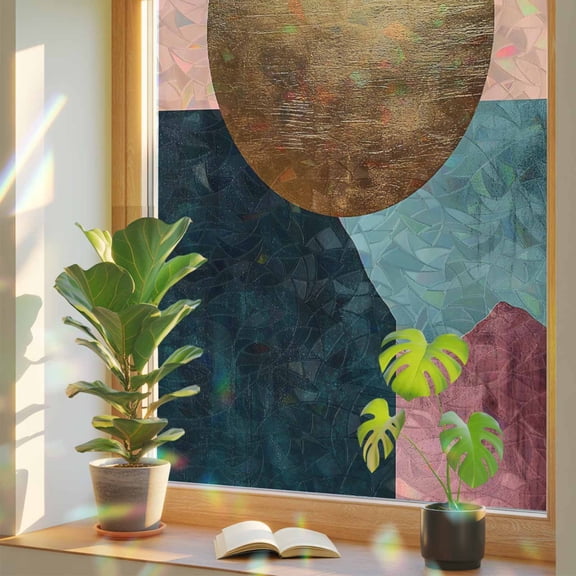 Rainbow Window Privacy Film, Boho Geometric Static Cling Decorative Window Film PVC, Modern Abstract Gold Circle Art No Glue UV Blocking Glass Covering, Removable Stained Glass Sticker 17.7''x39.3''