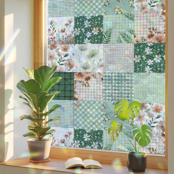 Rainbow Window Privacy Film, Boho Spring Floral Static Cling Window Film PVC, Retro Flowers Plants Patchwork Grid Green No Glue UV Blocking Glass Cover, Removable Stained Glass Sticker 17.7''x39.3''