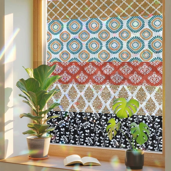 Rainbow Window Privacy Film, Boho Static Cling Window Film PVC, Colorful Striped Ethnic Modern Geometric Abstract Art No Glue UV Blocking Glass Covering, Removable Stained Glass Sticker 17.7''x39.3''