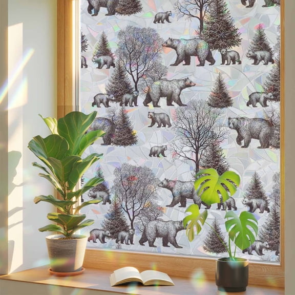 Rainbow Window Privacy Film, Brown Bear Static Cling Window Film PVC, Hunting Bear Forest Wildlife Animals Vintage No Glue UV Blocking Glass Covering, Removable Stained Glass Sticker 19.6''x39.3''