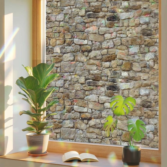 Rainbow Window Privacy Film, Brown Beige Stones Static Cling Decorative Window Film PVC, Farmhouse Stones Modern Art No Glue UV Blocking Glass Covering, Removable Stained Glass Sticker 17.7''x39.3''