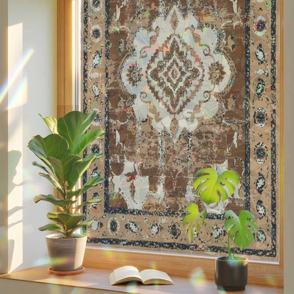 Rainbow Window Privacy Film, Brown Boho Static Cling Window Film PVC, Retro Western Rustic Ethnic Tribal Patterns No Glue UV Blocking Glass Covering, Removable Stained Glass Sticker 17.7''x39.3''