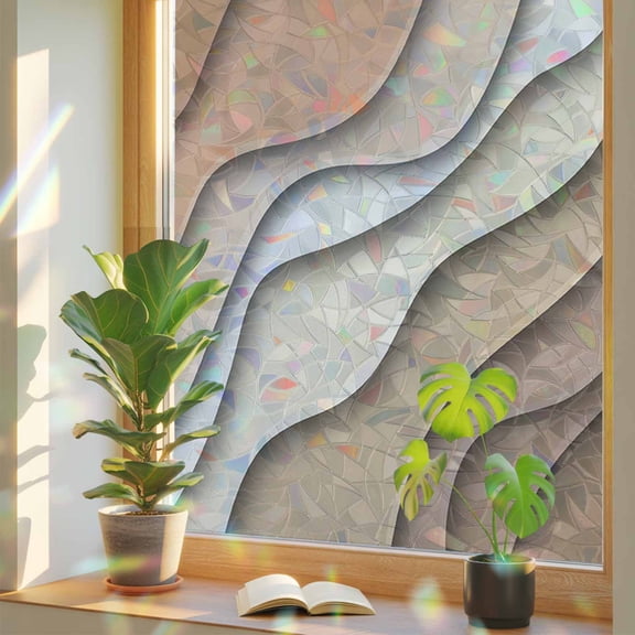 Rainbow Window Privacy Film, Brown Ombre Static Cling Window Film PVC, Modern Geometric Abstract Aesthetic Cream No Glue UV Blocking Glass Covering, Removable Stained Glass Sticker 23.6''x59''