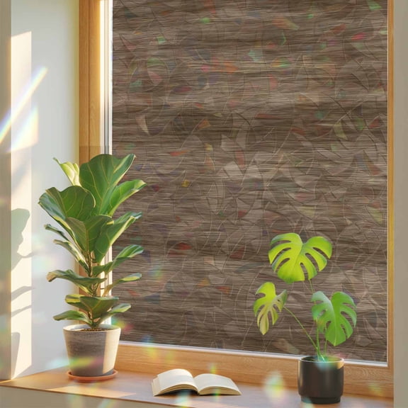 Rainbow Window Privacy Film, Brown Wood Grain Static Cling Decorative Window Film PVC, Retro Farmhouse Wooden Plank No Glue UV Blocking Glass Covering, Removable Stained Glass Sticker 23.6''x59''