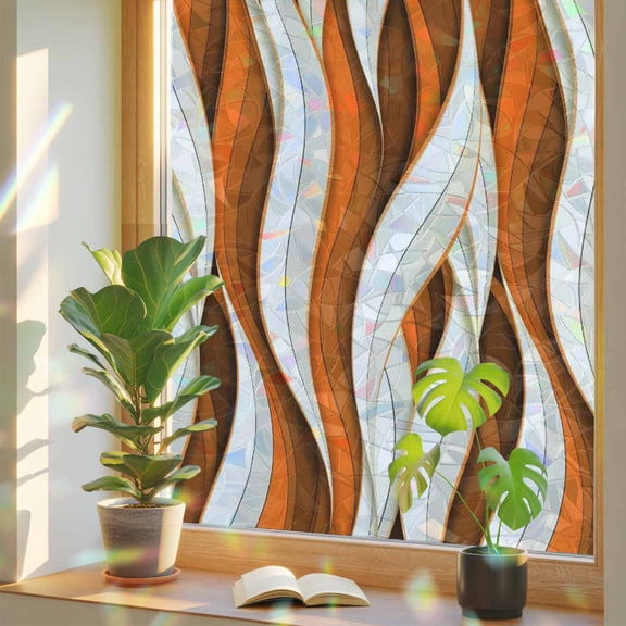 Rainbow Window Privacy Film, Burnt Orange White Moire Static Cling Decorative Window Film PVC, Modern Abstract Art No Glue UV Blocking Glass Covering, Removable Stained Glass Sticker 17.7''x39.3''