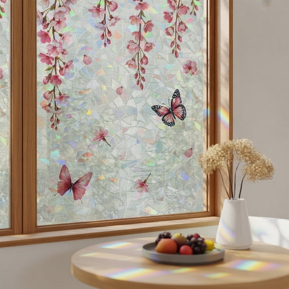 Rainbow Window Privacy Film Butterfly Flower Stain Glass Window Film for Glass Door Sticker Static Cling Farmhouse Country Pink Floral on Linen Sunroof Decal for Car Home Decor 17.7"x39.3"