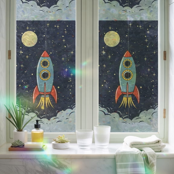 Rainbow Window Privacy Film, Cartoon Space Rocket Launch Stars and Moon Non-Adhesive Static Cling Glass Sticker, Outer Planet Reusable Decorative Window Film for Home Bathroom Bedroom 17.7x39.3in