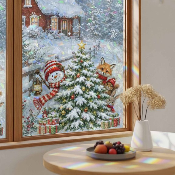 Rainbow Window Privacy Film Christmas Snowman Stain Glass Window Film for Glass Door Sticker Static Cling Heat Blocking Winter Forest Farmhouse Winter Fox Sunroof Decal for Car Home 19.6"x39.3"