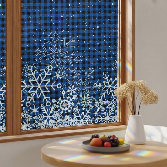 Rainbow Window Privacy Film Christmas Stain Glass Window Film for Glass Door Sticker Static Cling Blue Black Buffalo Plaid Xmas Snowflakes Farmhouse Sunroof Decal for Car Home 17.7"x78.7"