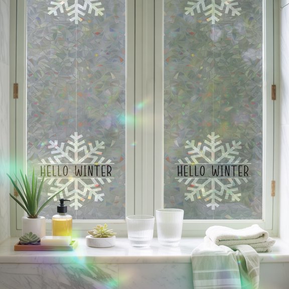 Rainbow Window Privacy Film, Christmas White Snowflake Non-Adhesive Static Cling Glass Sticker, Hello Winter Letters Gray Reusable Decorative Window Film for Home Bathroom Bedroom Office 17.7x39.3in