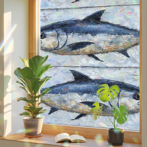 Rainbow Window Privacy Film, Coastal Fish Static Cling Decorative Window Film PVC, Oil Painting Ocean Nautical Beach No Glue UV Blocking Glass Covering, Removable Stained Glass Sticker 23.6''x59''