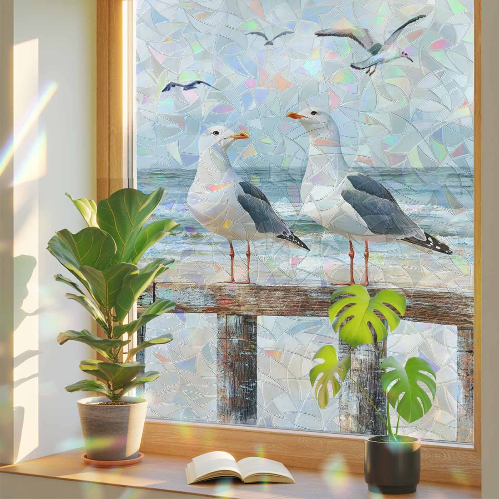 Rainbow Window Privacy Film, Coastal Seagull Static Cling Decorative Window Film PVC, Summer Beach Ocean Birds Retro No Glue UV Blocking Glass Covering, Removable Stained Glass Sticker 23.6''x59''