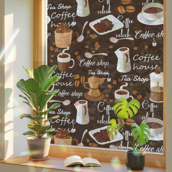 Rainbow Window Privacy Film, Coffee Static Cling Window Film PVC, Brown Retro Coffee Theme Beans Latte Tea Cup No Glue UV Blocking Glass Covering, Removable Stained Glass Sticker 17.7''x39.3''