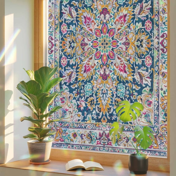 Rainbow Window Privacy Film, Colorful Boho Static Cling Window Film PVC, Ethnic Vintage Mexican Flowers Southwestern No Glue UV Blocking Glass Covering, Removable Stained Glass Sticker 23.6''x59''