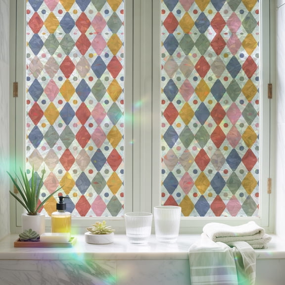 Rainbow Window Privacy Film, Colorful Lattice Polka Dot Static Cling Glass Sticker, Diamond Abstract Geometric Reusable Decorative Window Film for Home Bathroom Bedroom Office 17.7x39.3in