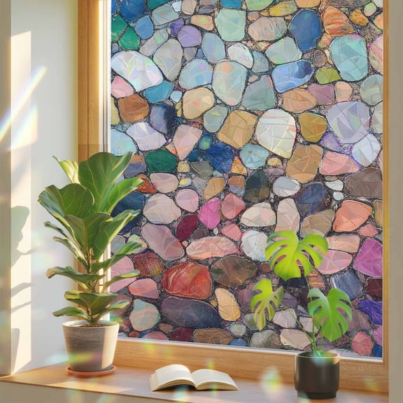 Rainbow Window Privacy Film, Colorful Stone Static Cling Window Film PVC, Rainbow Abstract Oil Painting Brushwork No Glue UV Blocking Glass Covering, Removable Stained Glass Sticker 17.7''x39.3''