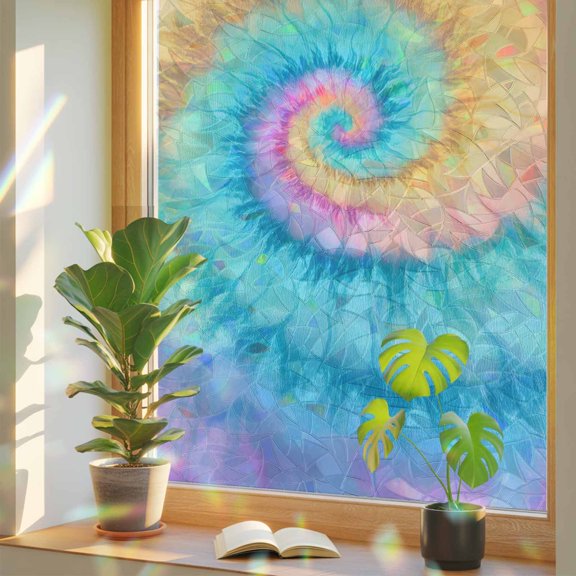 Rainbow Window Privacy Film, Colorful Tie Dye Static Cling Window Film PVC, Rainbow Ombre Abstract Pattern Art No Glue UV Blocking Glass Covering, Removable Stained Glass Sticker 17.7''x39.3''