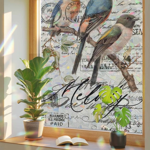 Rainbow Window Privacy Film, Country Birds Static Cling Window Film PVC, Envelope Postmark Vintage Farmhouse Botancial No Glue UV Blocking Glass Cover, Removable Stained Glass Sticker 17.7''x39.3''